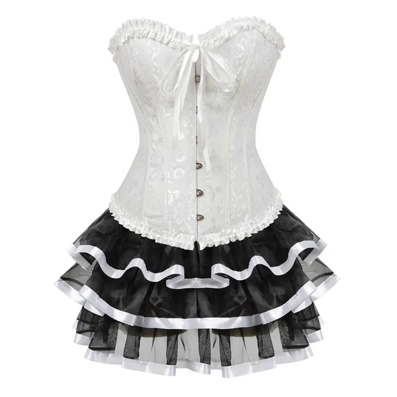 Ruffle Hem Overbust Corset Dress with Lace-Up Front and Layered Skirt