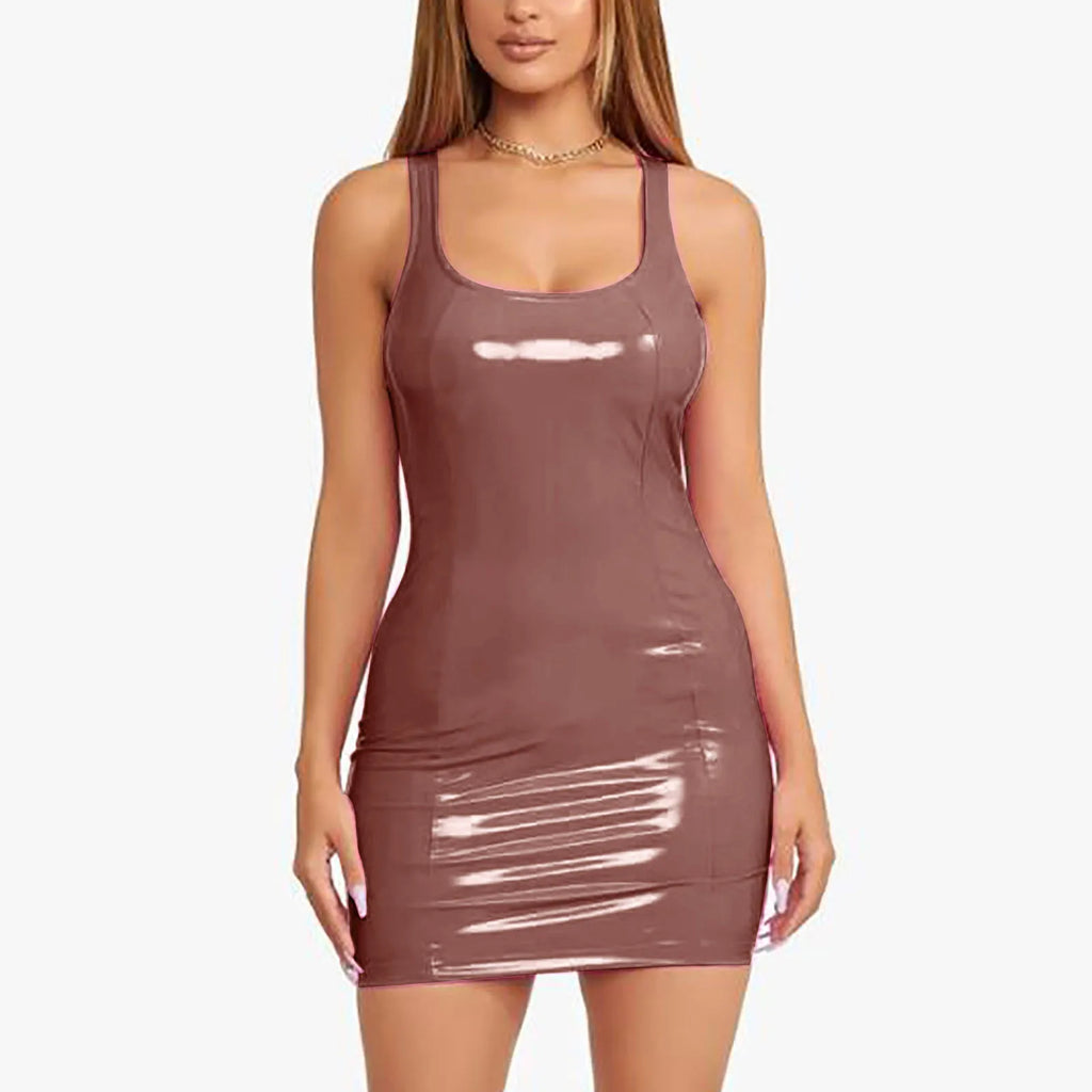 Vibrant Blue Glossy PU Leather Bodycon Mini Dress with Scoop Neckline