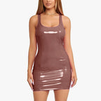 Vibrant Blue Glossy PU Leather Bodycon Mini Dress with Scoop Neckline