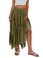 Boho High-Low Ruffle Hem Flowy Asymmetrical Maxi Skirt