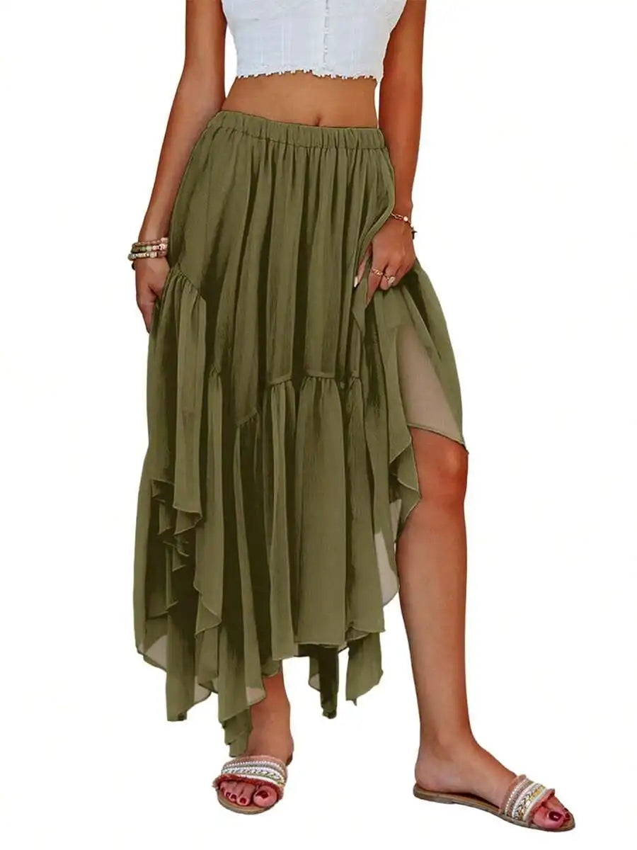 Boho High-Low Ruffle Hem Flowy Asymmetrical Maxi Skirt
