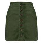 High Rise Button Front Stretch Denim Mini Skirt with Contoured Slim Fit