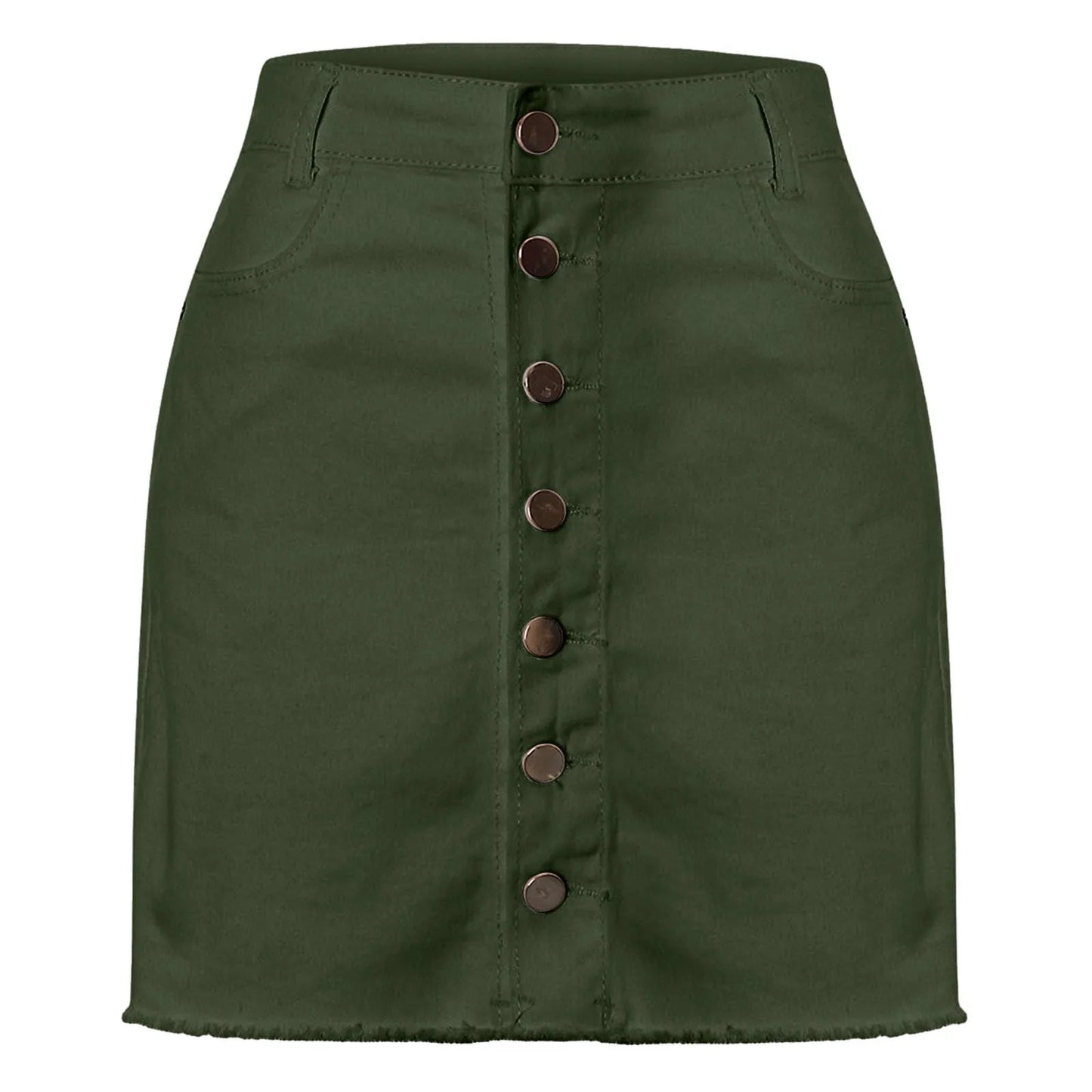 High Rise Button Front Stretch Denim Mini Skirt with Contoured Slim Fit