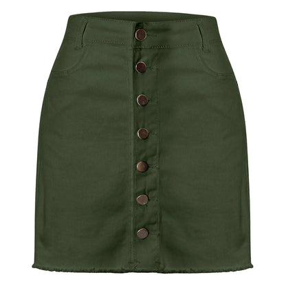 High Rise Button Front Stretch Denim Mini Skirt with Contoured Slim Fit