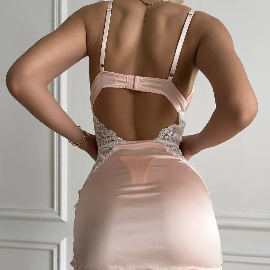 Blush Pink Satin-Finish Chemise with Structured Cups and Sheer White Lace Paneling