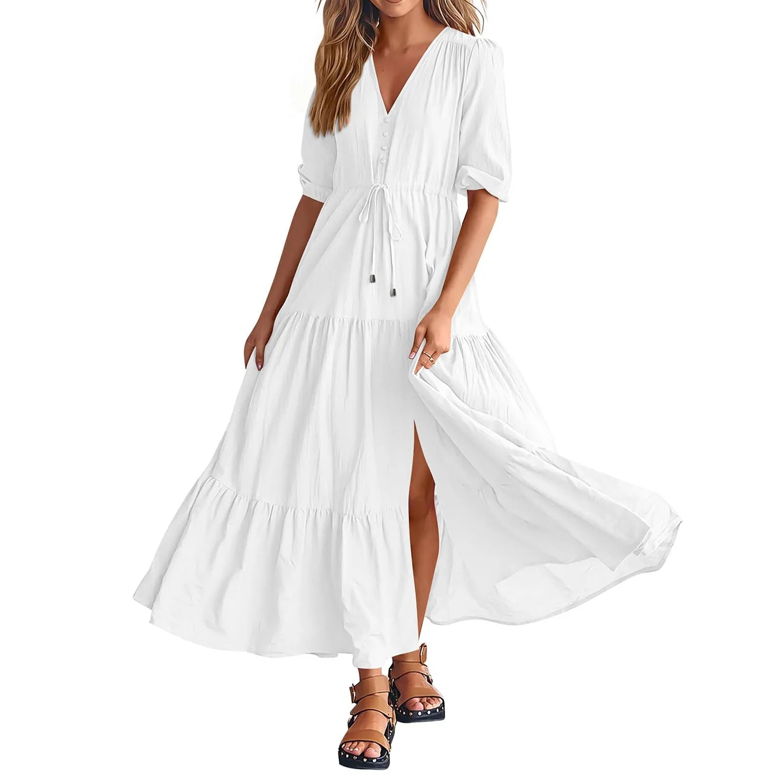 Tiered Drawstring Maxi Dress with Relaxed Flowing Contemporary Silhouette