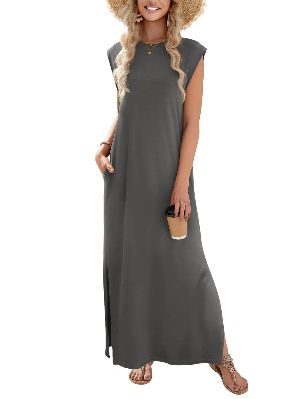 Loose Fit Sleeveless Floral Maxi Dress with Pockets for Casual Styling