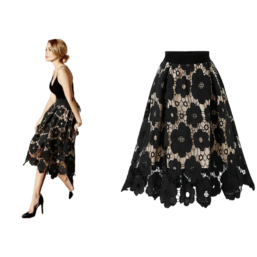 Elegant High Waist Floral Lace Irregular Hem A-Line Midi Skirt