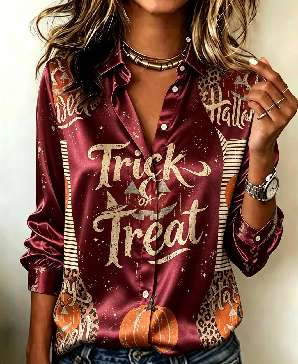 Festive Halloween Graphic Print Satin-Finish Button-Down Blouse