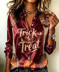 Festive Halloween Graphic Print Satin-Finish Button-Down Blouse