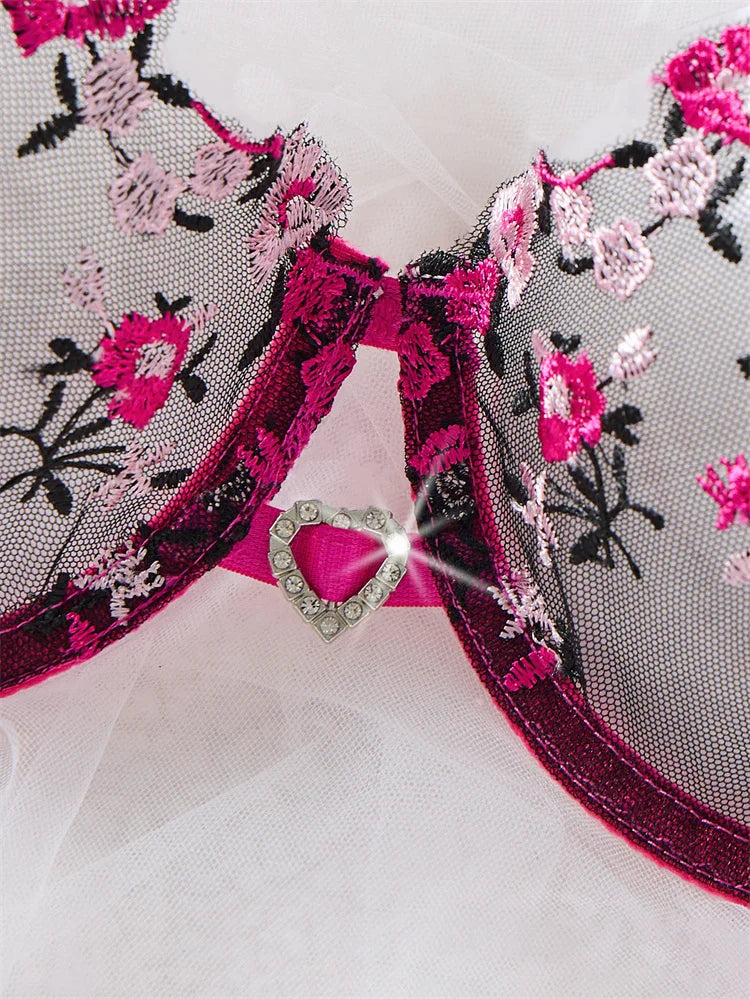 Vibrant Rose Pink Embroidered Mesh Underwire Bra and Thong Set