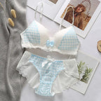 Playful Gingham Check and White Wire-Free Bra Set with Ruffled Lace Trim