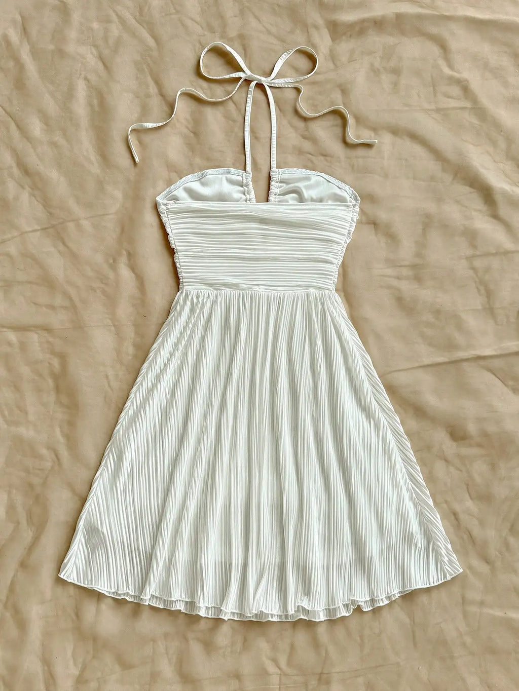 Pleated Halter Tie Mini Dress with A-Line Vacation Inspired Summer Silhouette
