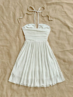 Pleated Halter Tie Mini Dress with A-Line Vacation Inspired Summer Silhouette