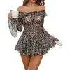 Striking Black Off-the-Shoulder Sheer Mesh Dress with Geometric Pattern and Flared Sleeves