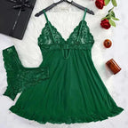 Sheer Black Mesh Split-Front Babydoll Set with Floral Lace Bodice
