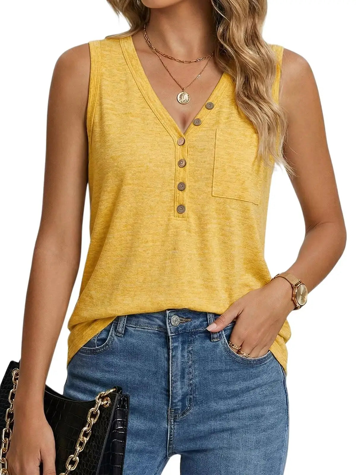 Henley V-Neck Tank Top with Relaxed Fit Casual Everyday Streetwear Summer Style