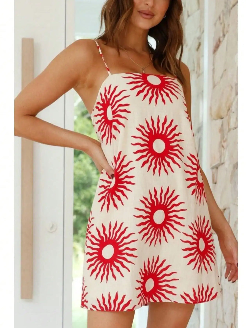Spaghetti Strap Graphic Print A-Line Mini Dress with Relaxed Summer Silhouette