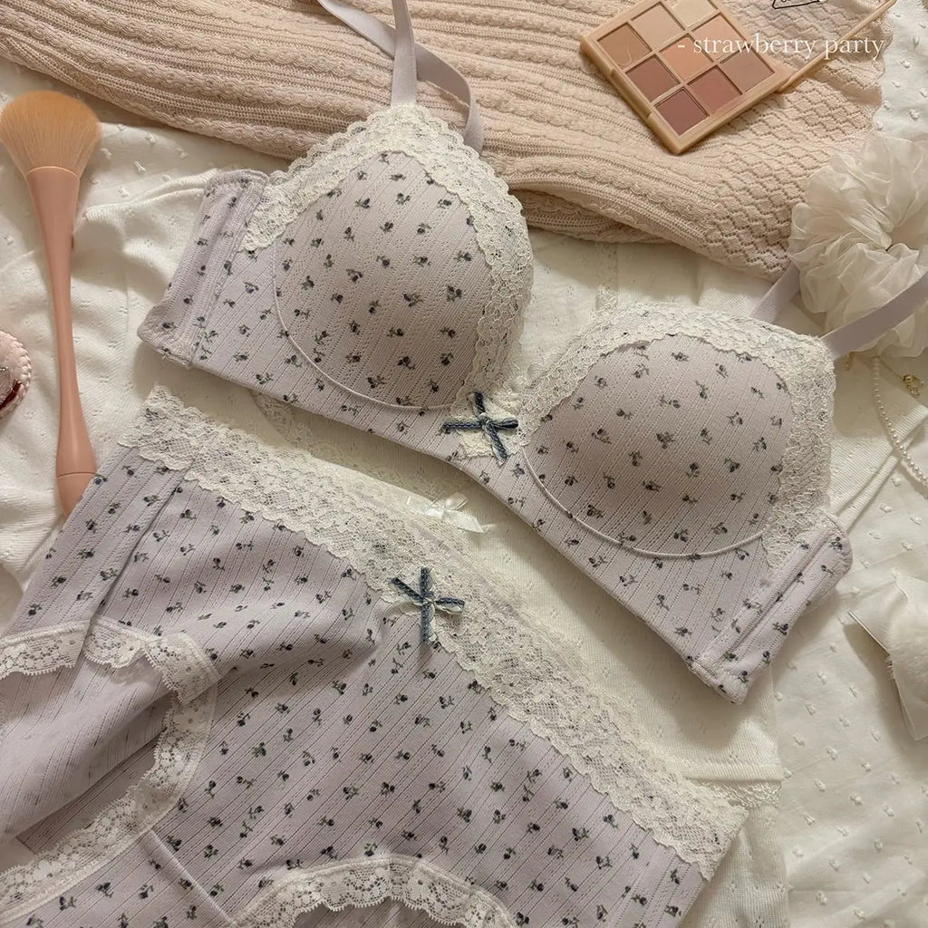Soft Cream Dotted Floral Wire-Free Bralette and Panty Set with Delicate Lace Trim