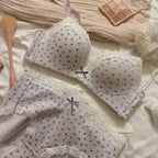 Soft Cream Dotted Floral Wire-Free Bralette and Panty Set with Delicate Lace Trim