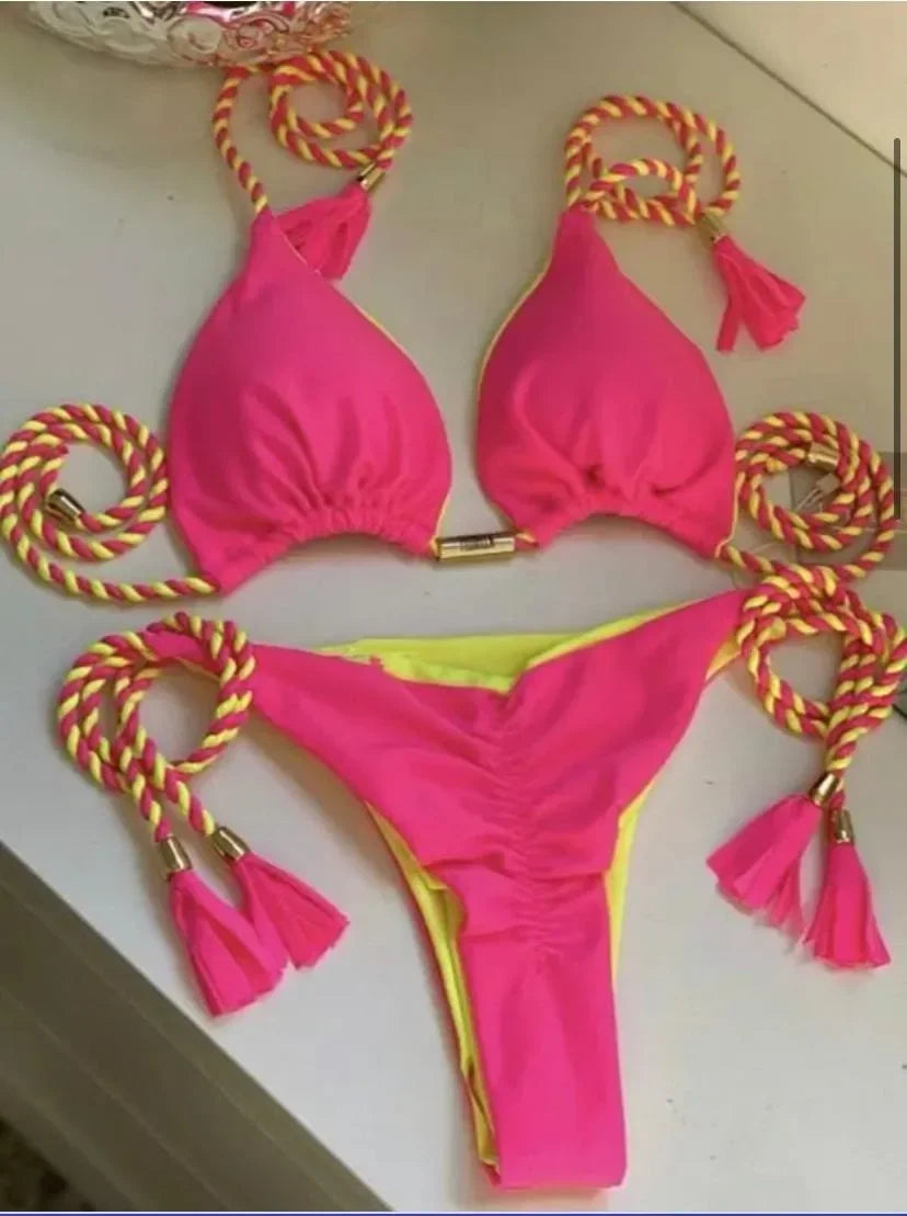 Soft Periwinkle Triangle Bikini Set with Two-Tone Twisted Rope and Tassel Details