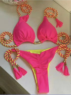 Soft Periwinkle Triangle Bikini Set with Two-Tone Twisted Rope and Tassel Details