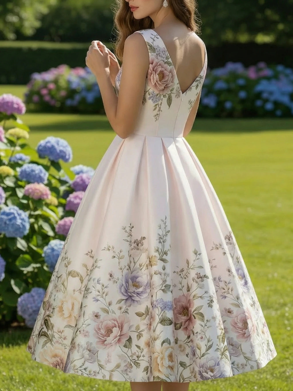 Elegant White Floral Print Swing Dress with V-Neckline and Pleated Skirt
