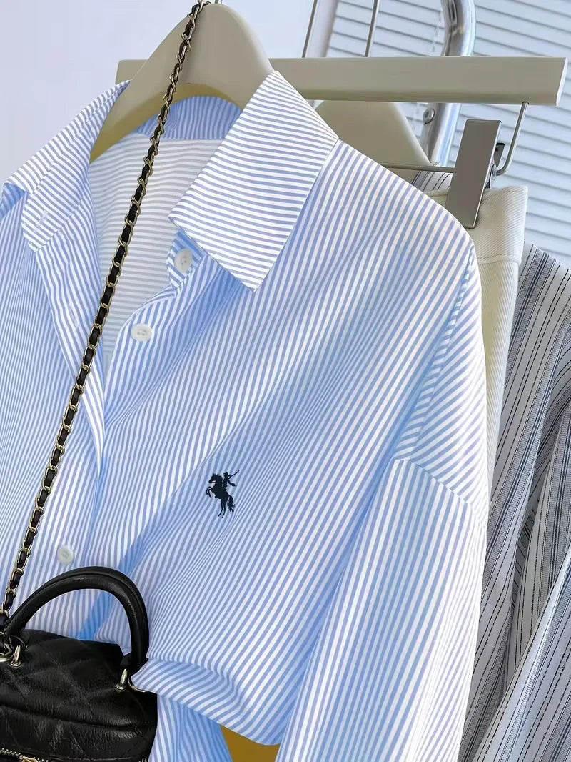 Classic Striped Button-Down Shirt with Subtle Chest Graphic and Relaxed Fit