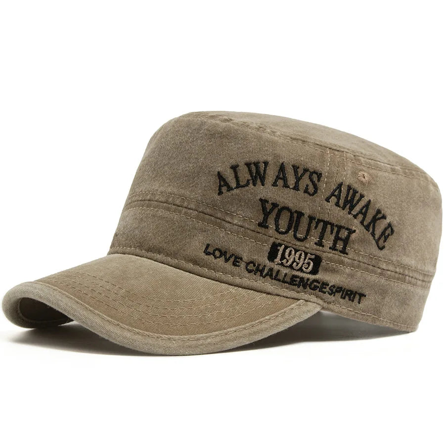 Unisex Vintage Military Style Flat Top Cap with Embroidered Detail for Casual Everyday Wear