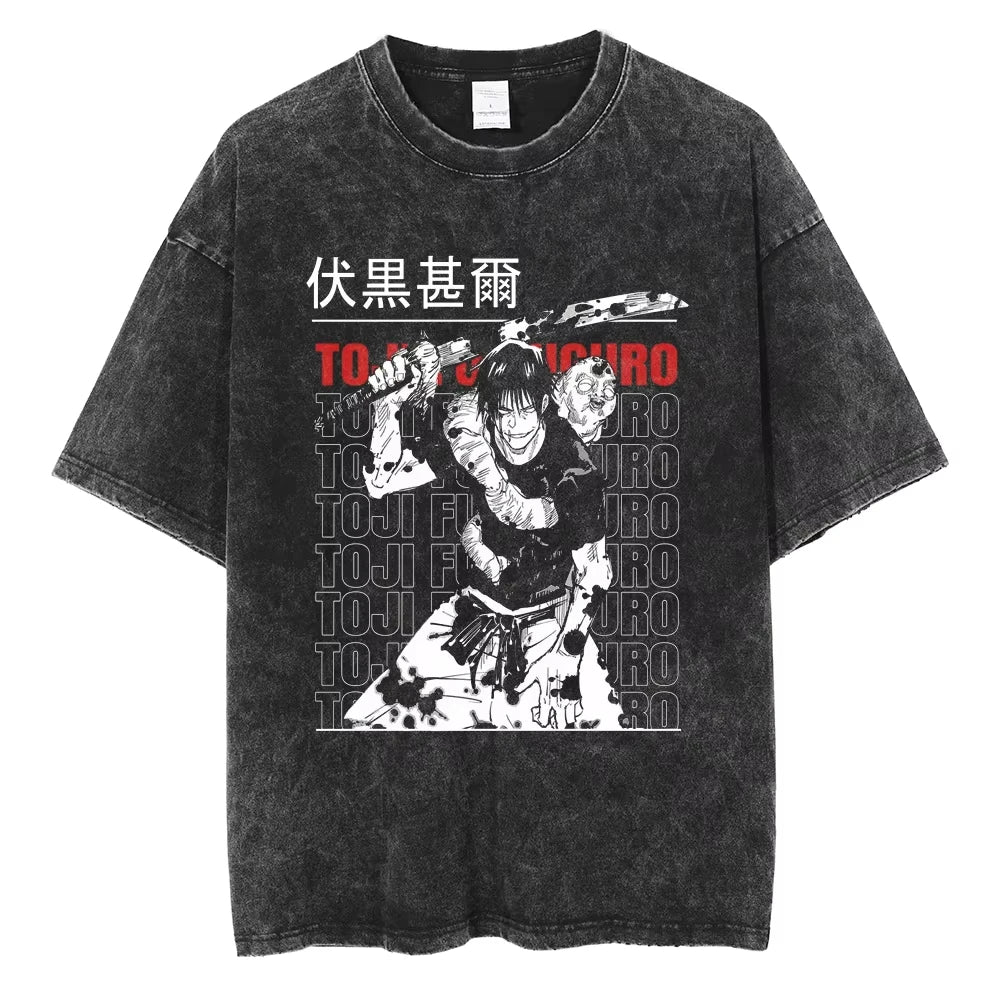 Anime Combat Graphic Oversized Vintage Wash Japanese Streetwear Cotton T-Shirt