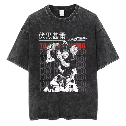 Anime Combat Graphic Oversized Vintage Wash Japanese Streetwear Cotton T-Shirt