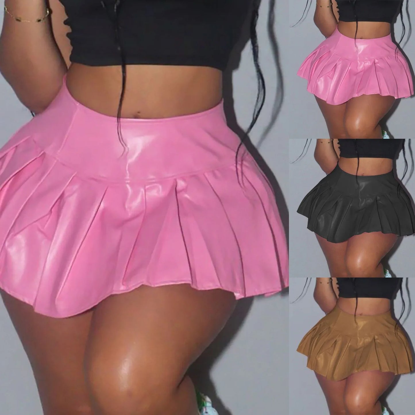 Glossy Pleated A-Line Mini Skirt with Stretch Streetwear-Inspired Silhouette