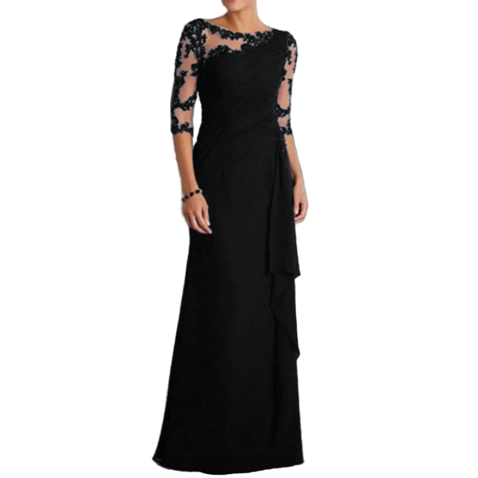Elegant Floor Length Dress With Sheer Lace Shoulder Detailing