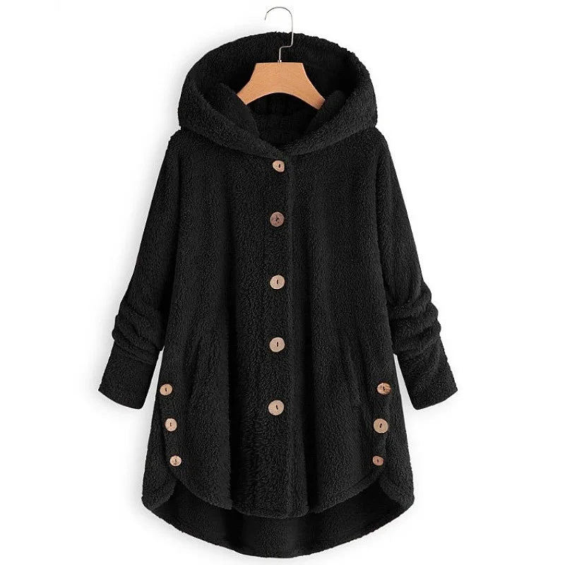 Women's Plush Hooded Teddy Fleece Coat with Button Front for Cozy Winter Layering