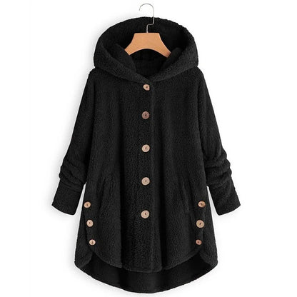 Women's Plush Hooded Teddy Fleece Coat with Button Front for Cozy Winter Layering