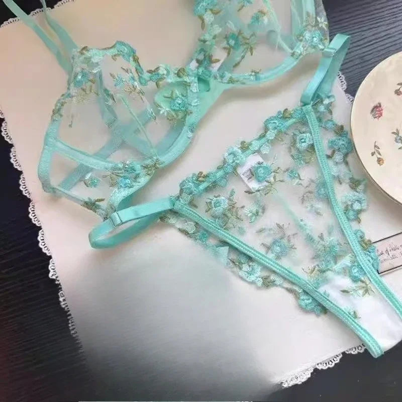 Sheer Black Mesh Lingerie Set with Delicate Blue Floral Embroidery and Underwire Support