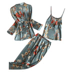 Elegant 3-Piece Floral Print Satin-Finish Loungewear Set with Robe, Cami, and Trousers
