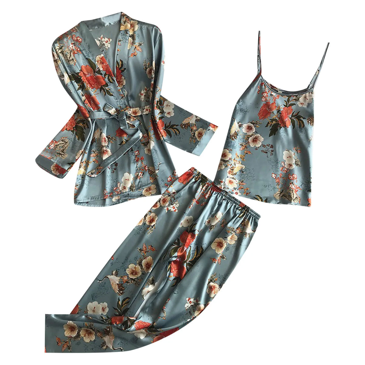 Elegant 3-Piece Floral Print Satin-Finish Loungewear Set with Robe, Cami, and Trousers