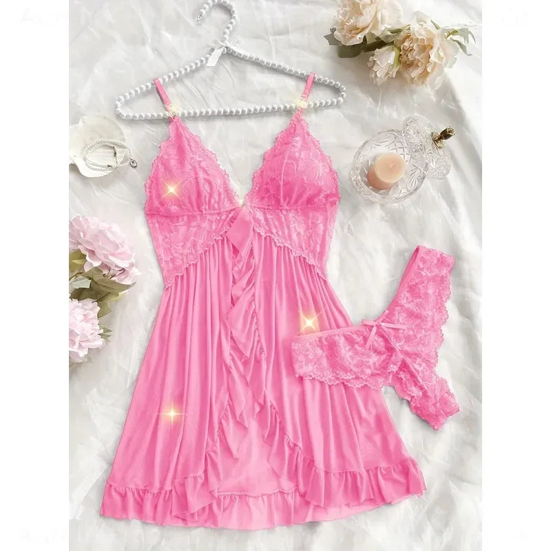 Lace Camisole and Shorts Pajama Set with V-Neckline, Bow Detail, Delicate Lace Trim and Ruffled Hem