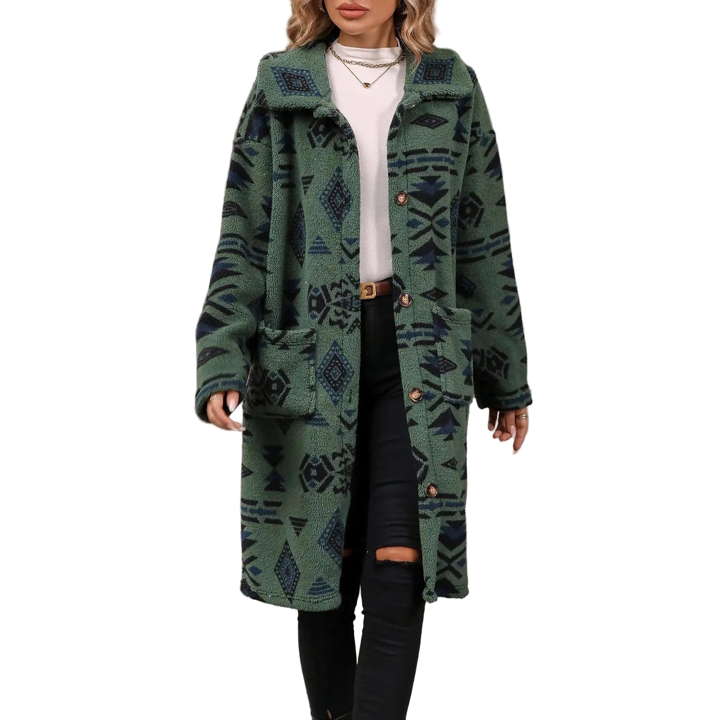 Women's Patterned Plush Hooded Long Coat Cozy Casual Statement Winter Outerwear
