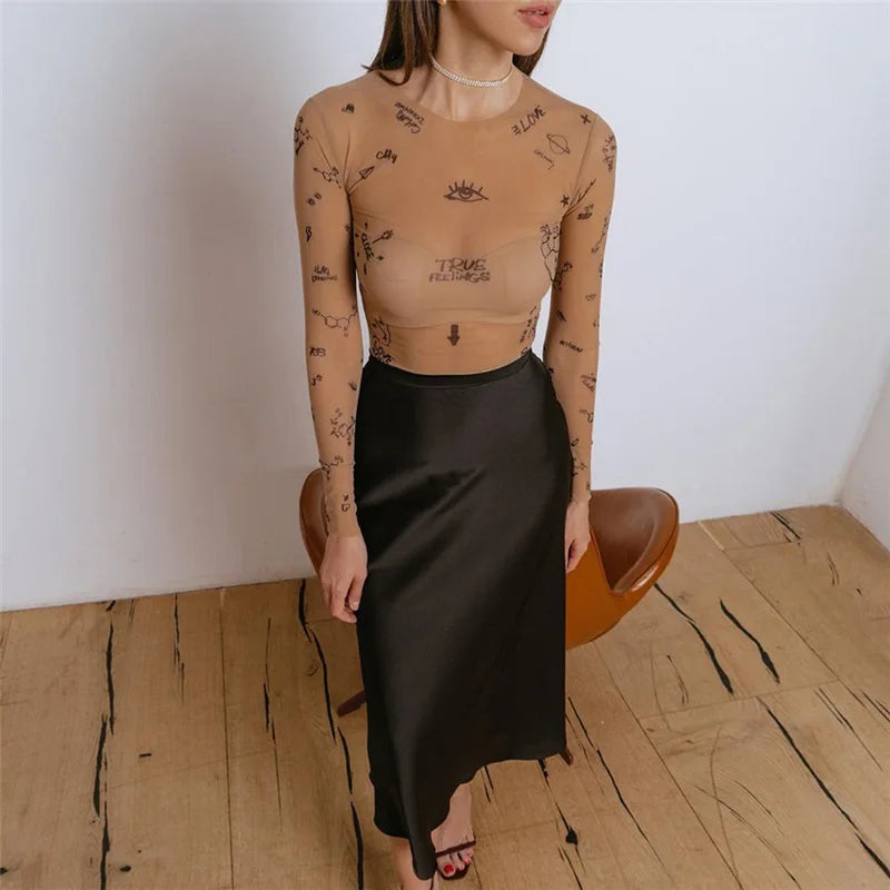 Gothic Printed Long Sleeve Mock Neck Bodycon Bodysuit for Alternative Fashion