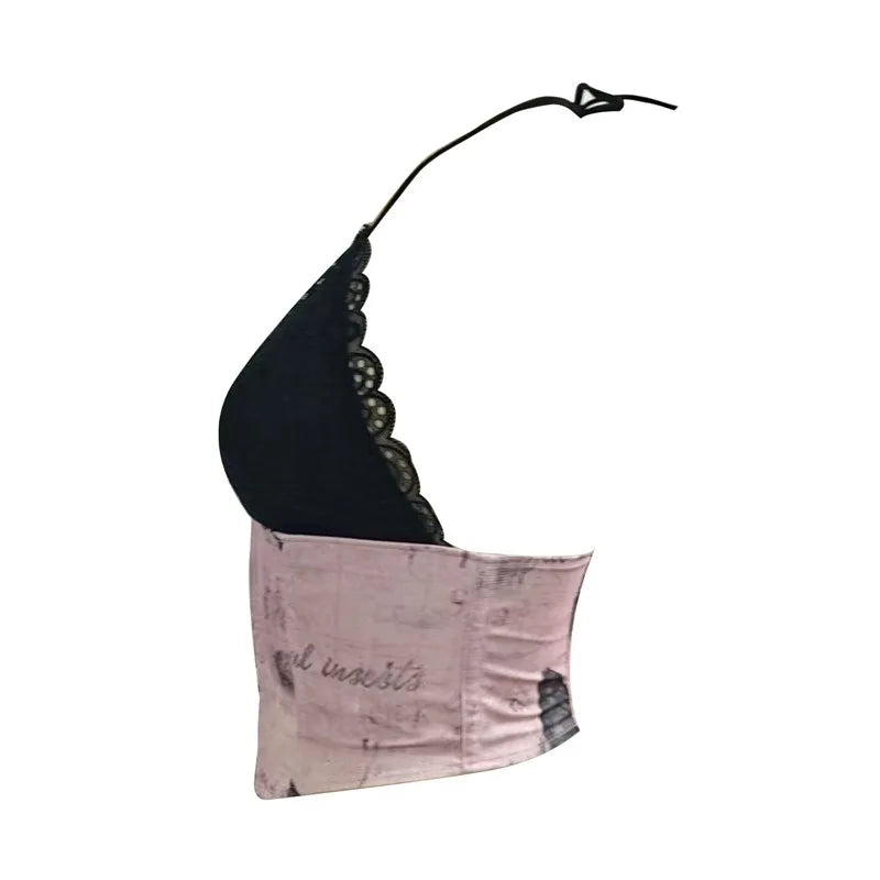 Romantic Blush Pink Satin Corset Top with Black Lace Cups and Front Zipper