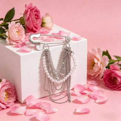 Punk Safety Pin Chain Tassel Statement Brooch Accessory