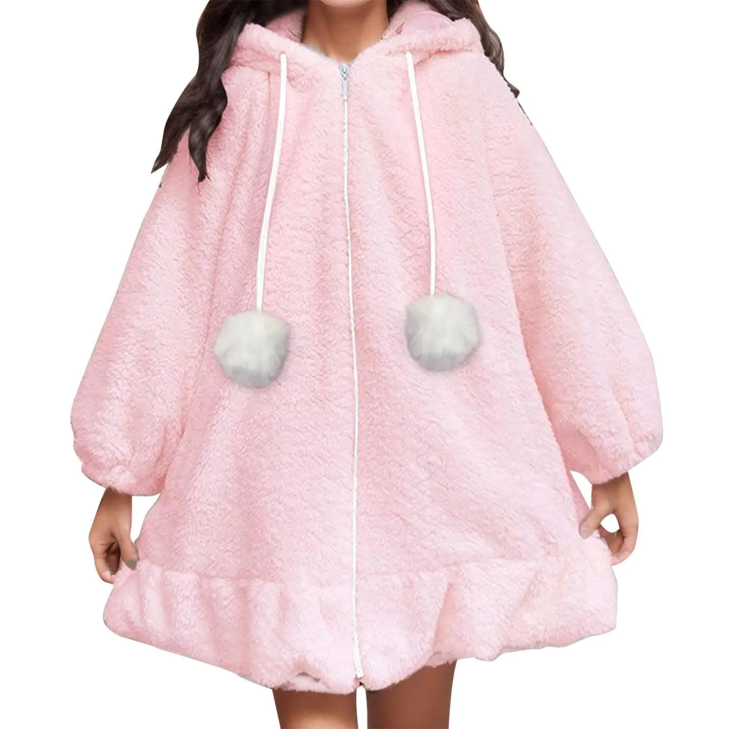 Women's Oversized Plush Zip Hoodie with Decorative Pom Details for Cozy Casual Style