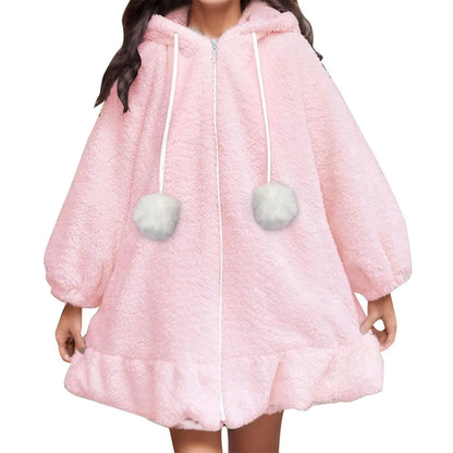 Women's Oversized Plush Zip Hoodie with Decorative Pom Details for Cozy Casual Style