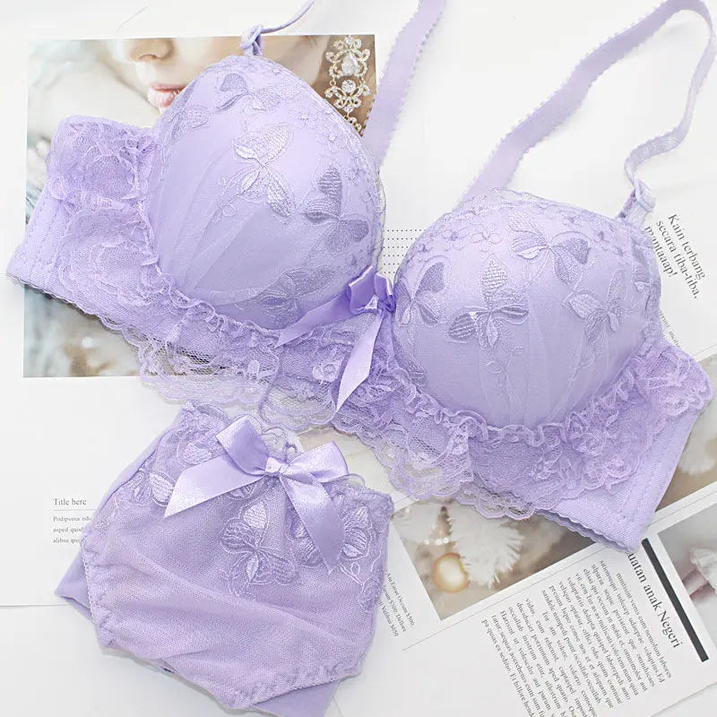 Lavender Butterfly Embroidery Push-Up Bra and High-Waist Panty Set