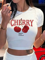 Women's Cherry Graphic Baby Crop Top for Casual Y2K Streetwear Everyday Fashion Style
