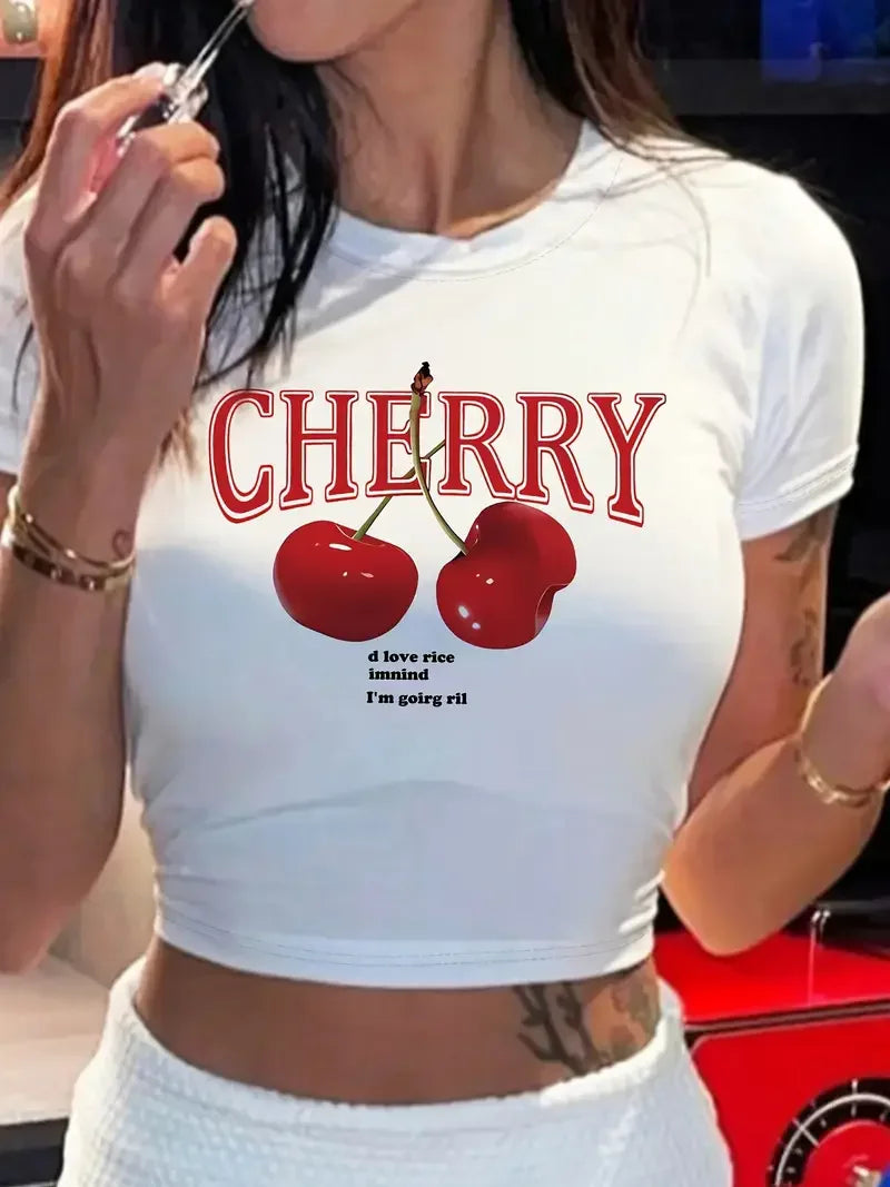 Women's Cherry Graphic Baby Crop Top for Casual Y2K Streetwear Everyday Fashion Style