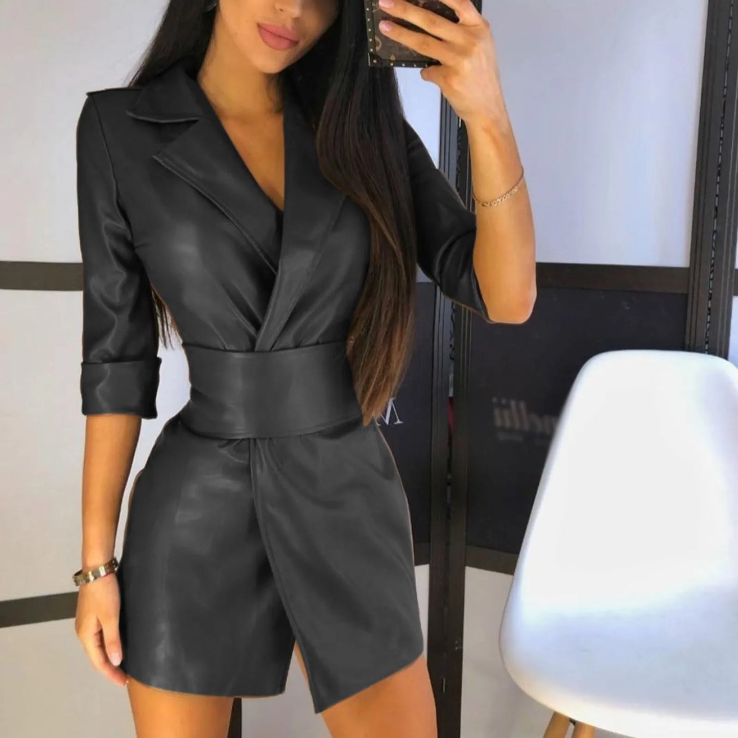 Faux Leather Wrap Mini Dress with Long Sleeves and Tailored Fit