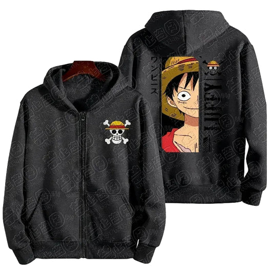 Manga Streetwear Zip Hoodie with Retro Pirate Adventure Artwork